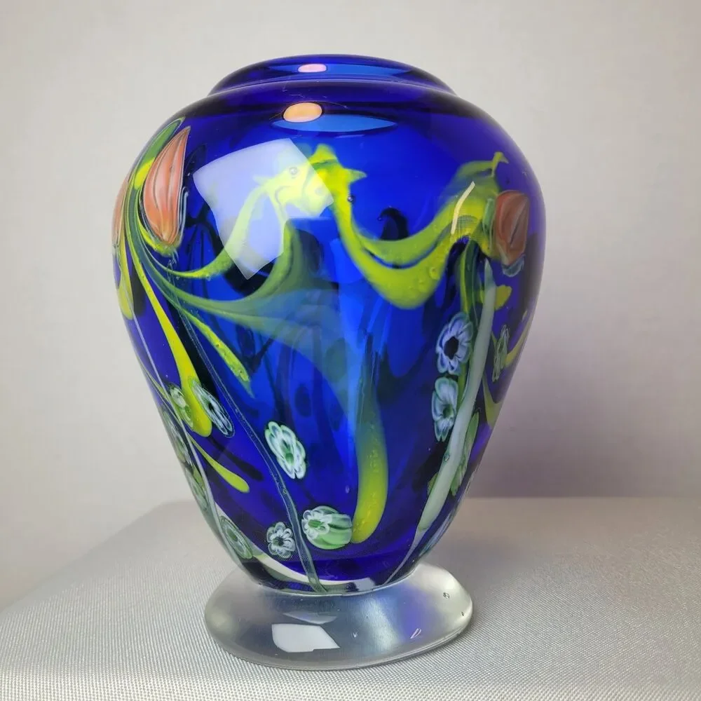 Kusak Art Glass Paperweight Pedestal Vase Cobalt Blue with Cased Flowers 5.5”